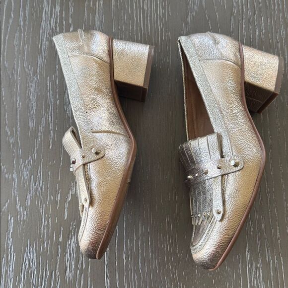 Franco Sarto Gold Block Heel Loafers Fringe Studs Embellished Shoes Size 6.5 EUC - Picture 7 of 12
